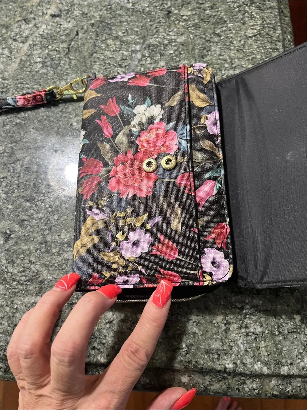 Mindi Floral Black Wristlet Wallet with Gold Bar Accent